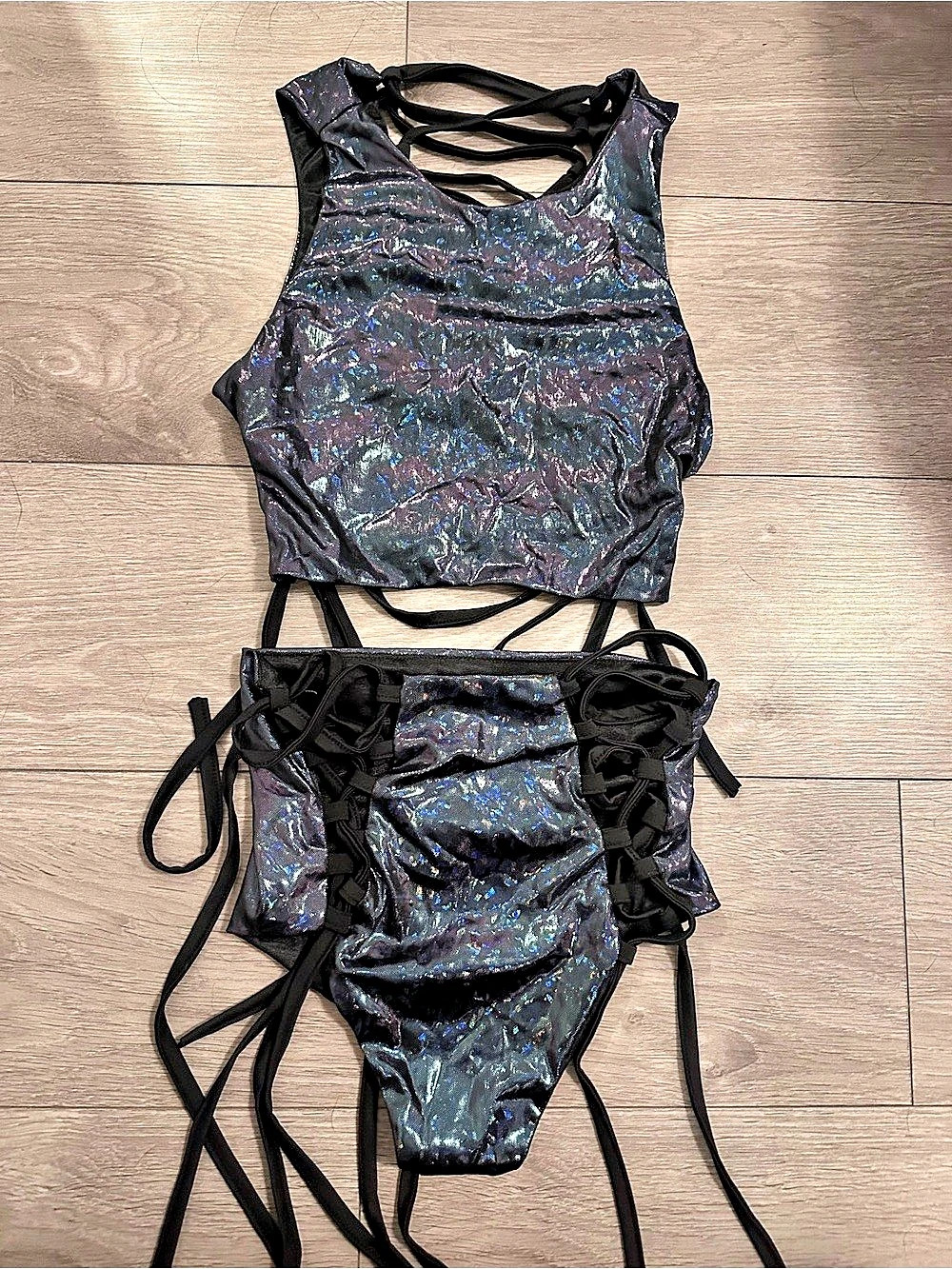 Iridescent Metallic Strappy Festival Rave Two Piece